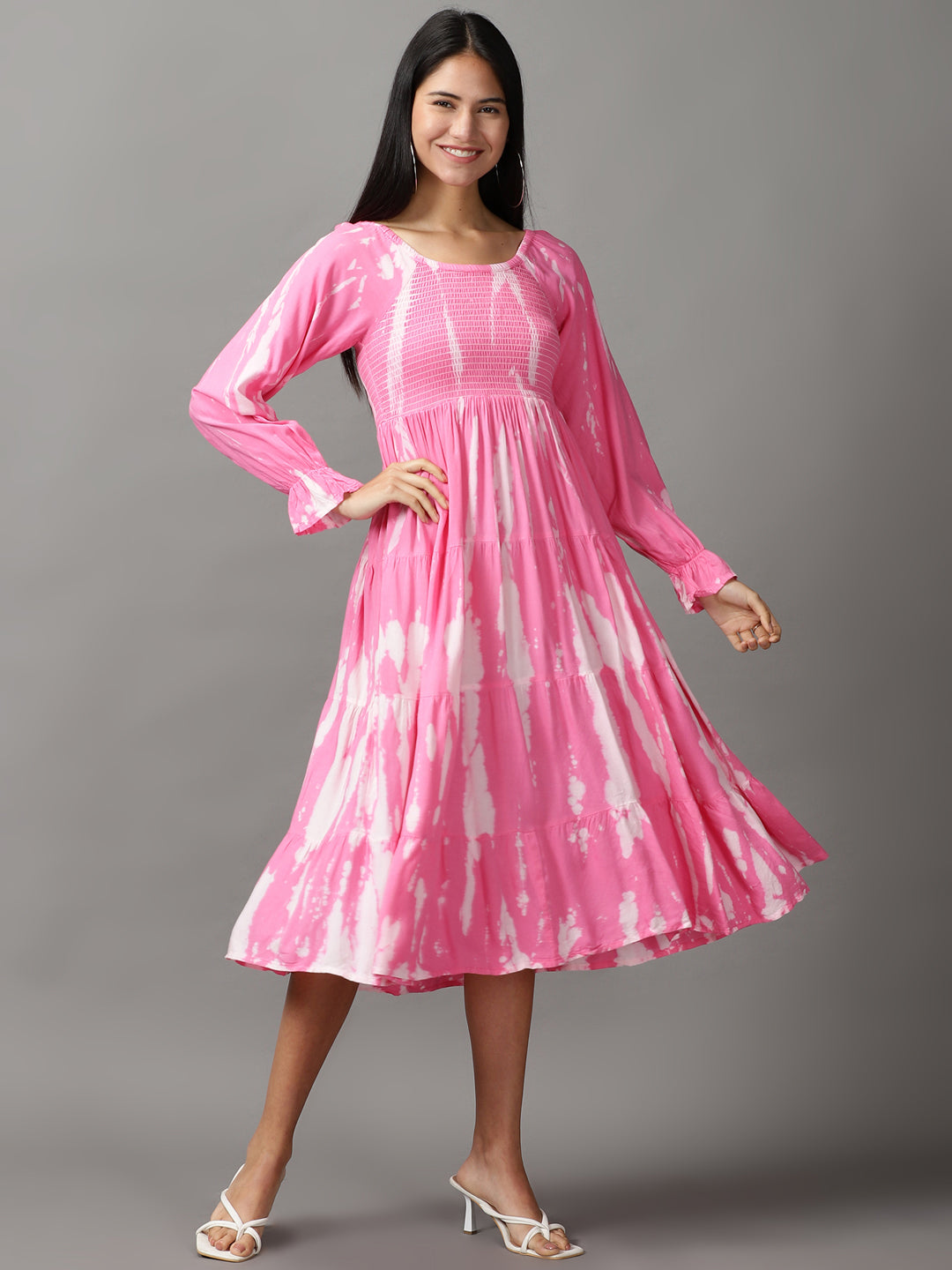 Women's Pink Tie Dye Fit and Flare Dress