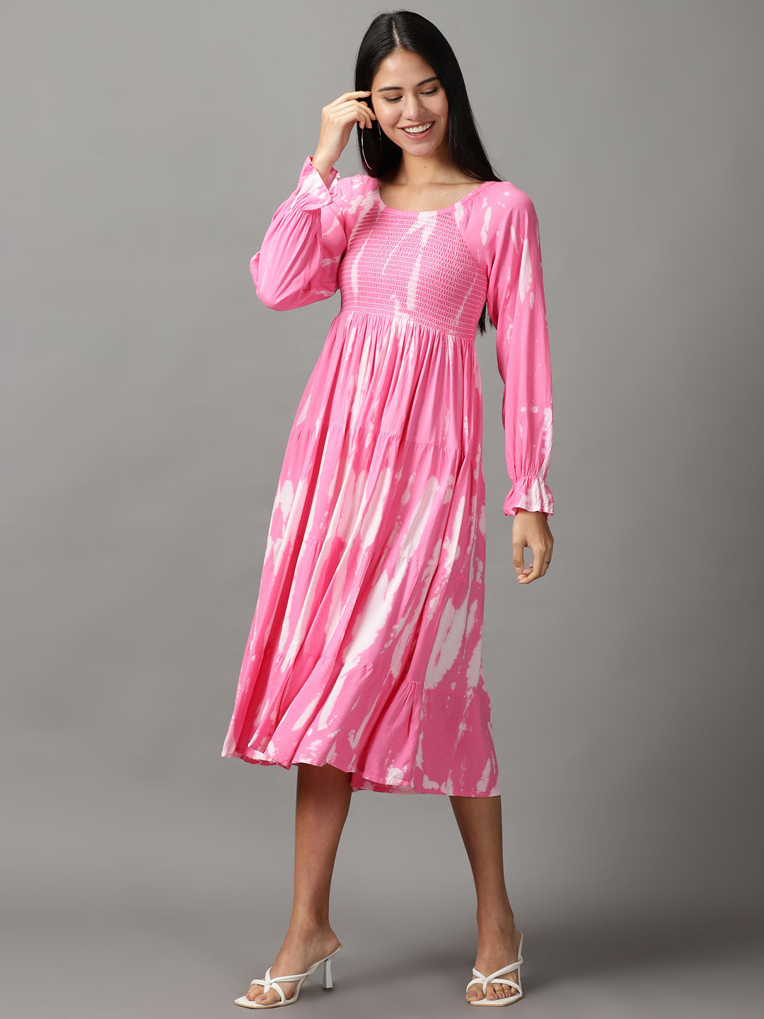 Women's Pink Tie Dye Fit and Flare Dress