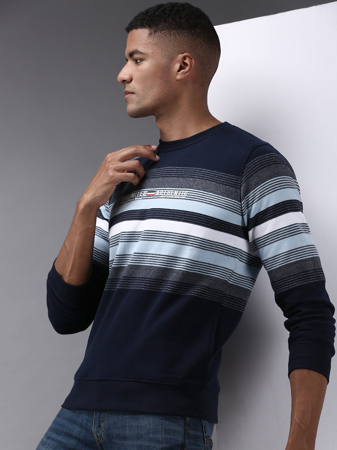 Men Blue Striped Sweatshirt