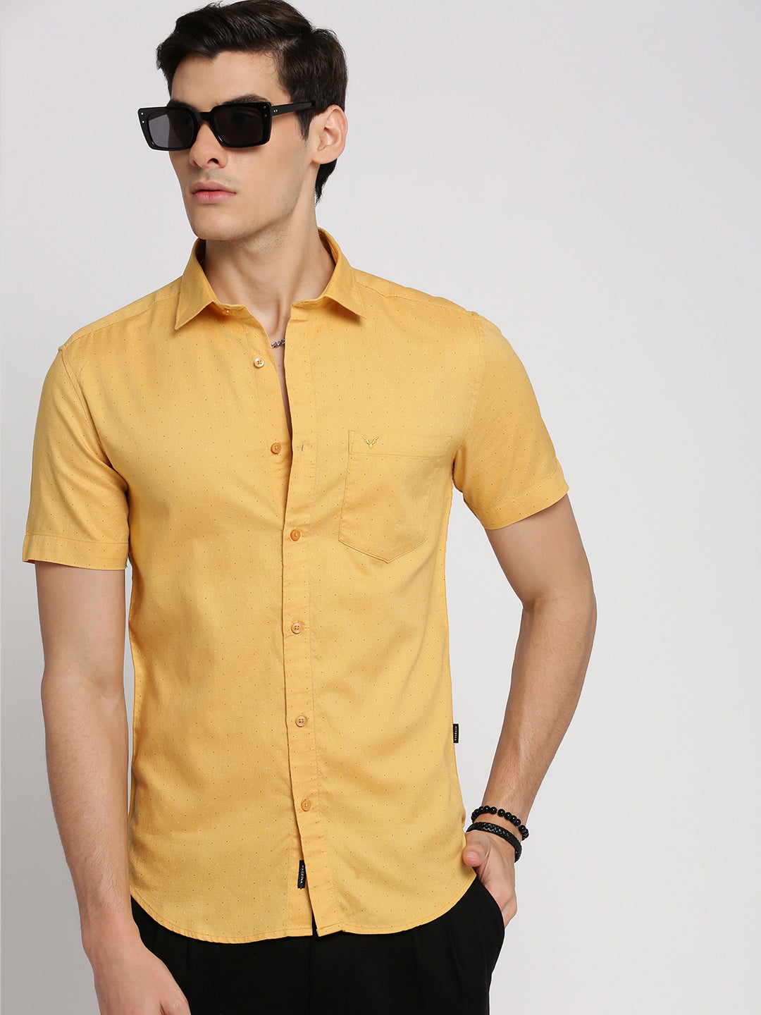 Men Yellow Spread Collar Micro Ditsy Shirt