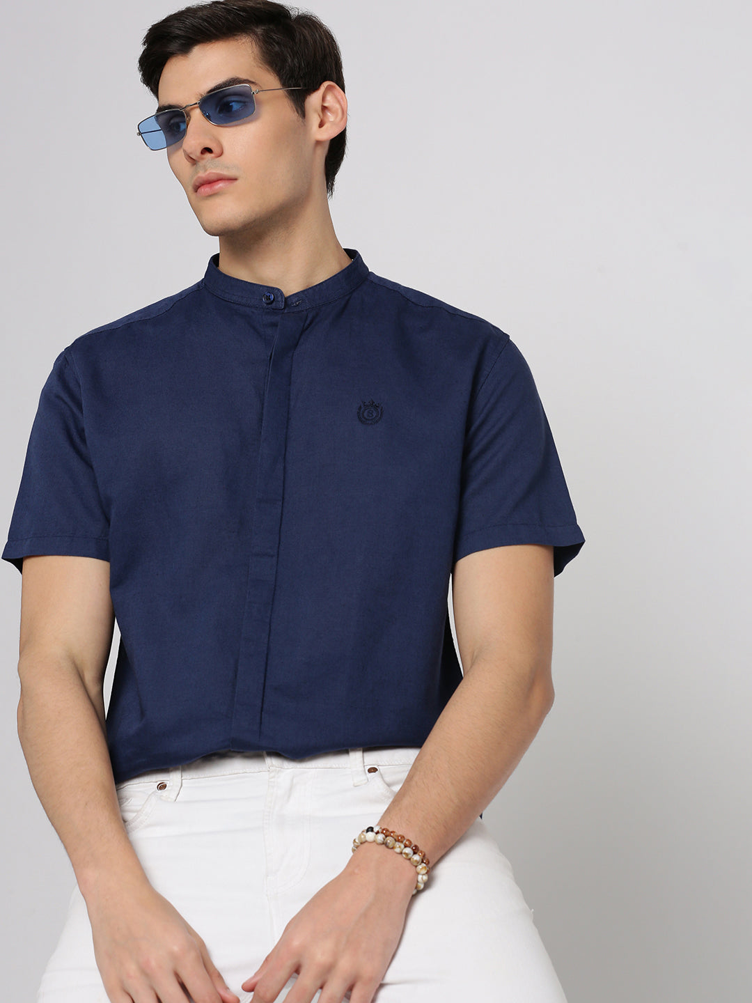 Men Navy Blue Mandarin Collar Solid Shirt