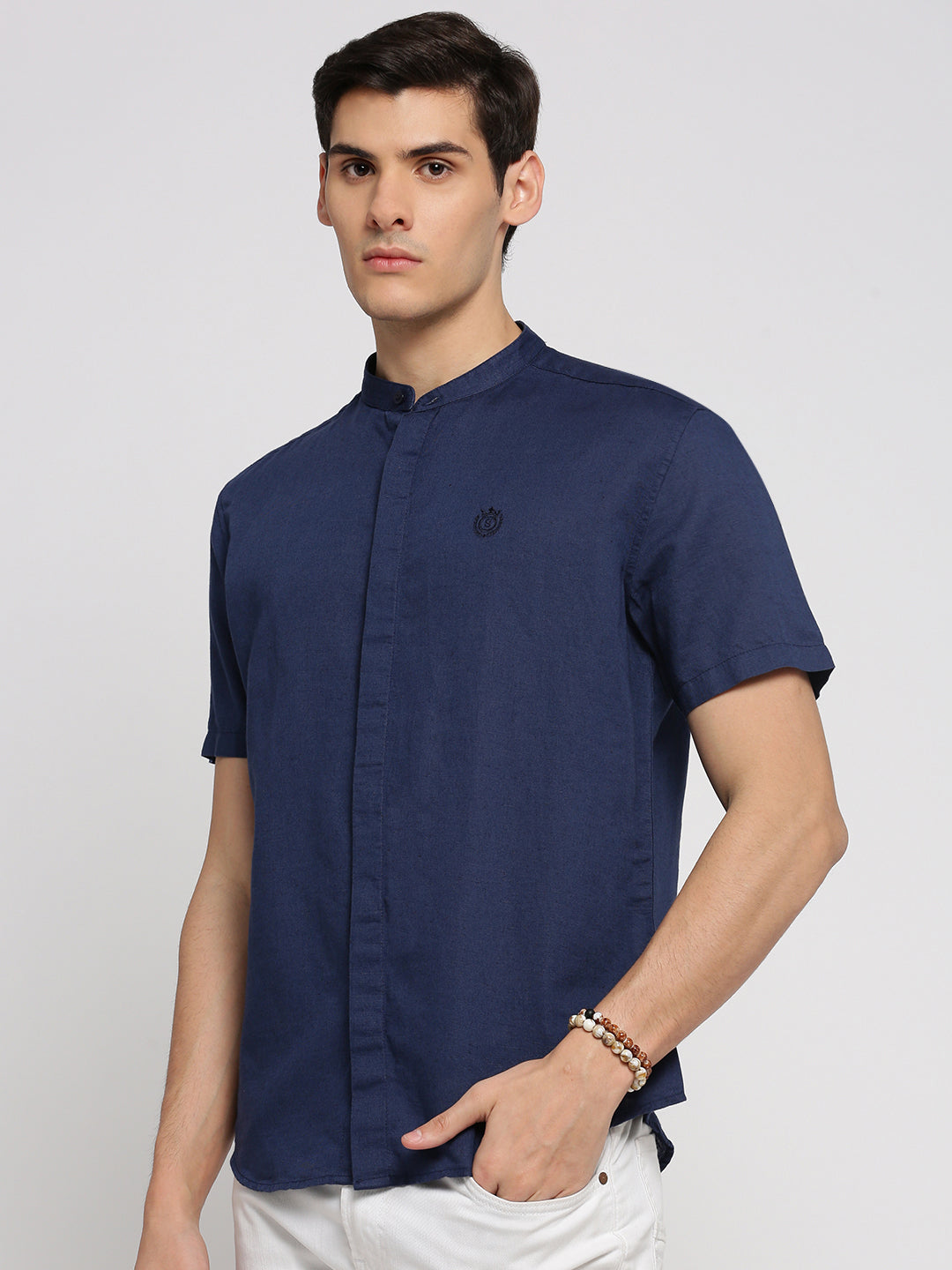 Men Navy Blue Mandarin Collar Solid Shirt