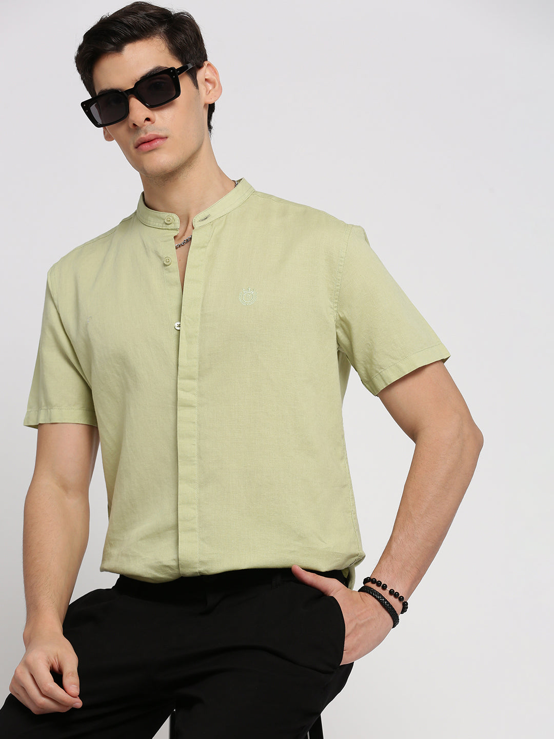 Men Sea Green Mandarin Collar Solid Shirt