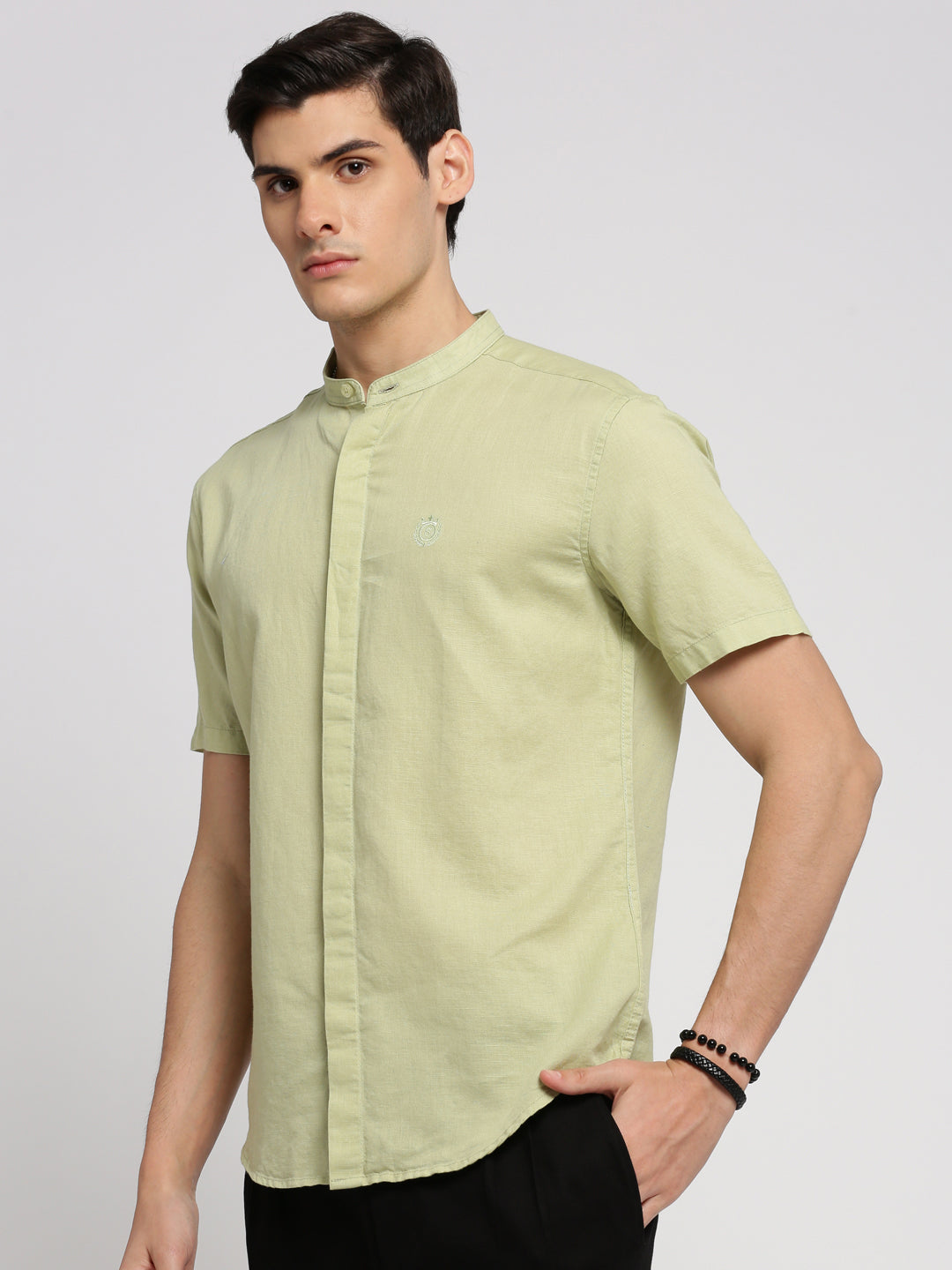 Men Sea Green Mandarin Collar Solid Shirt