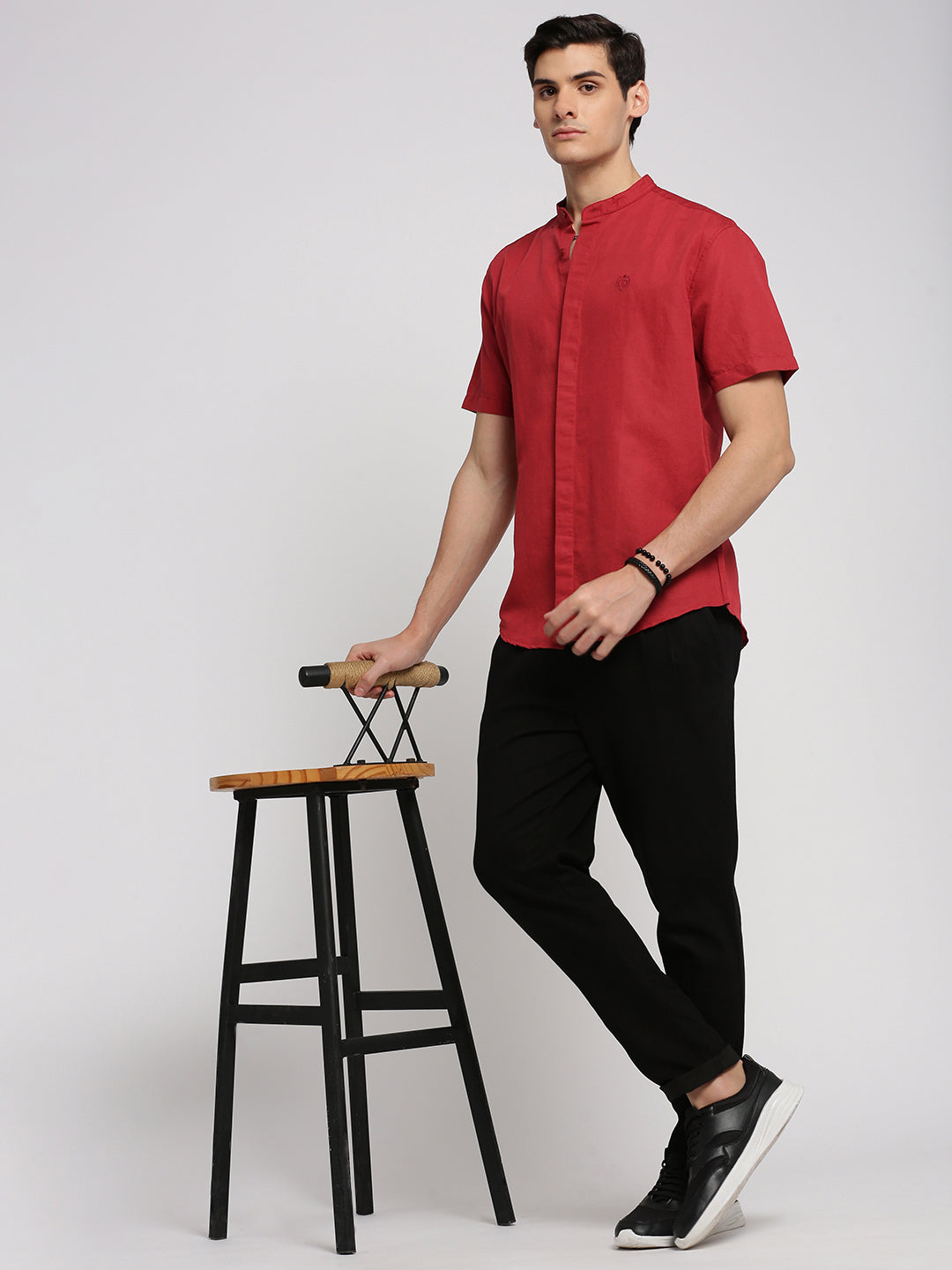 Men Red Mandarin Collar Solid Shirt
