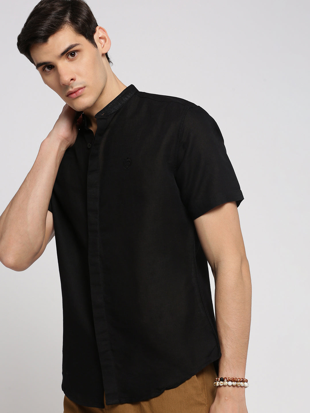 Men Black Mandarin Collar Solid Shirt