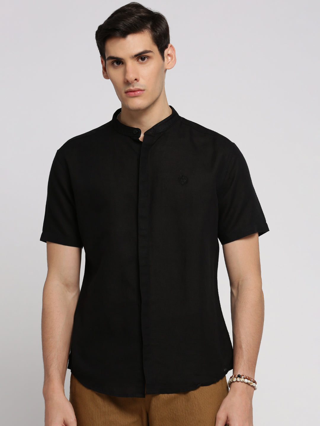 Men Black Mandarin Collar Solid Shirt