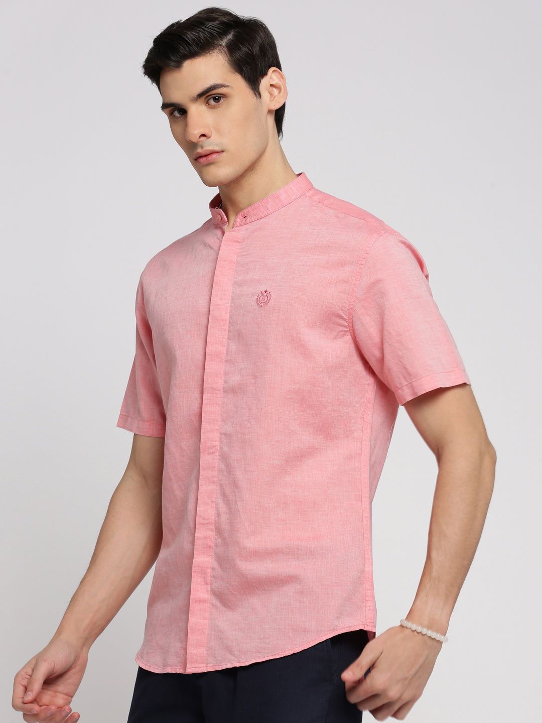 Men Peach Mandarin Collar Solid Shirt