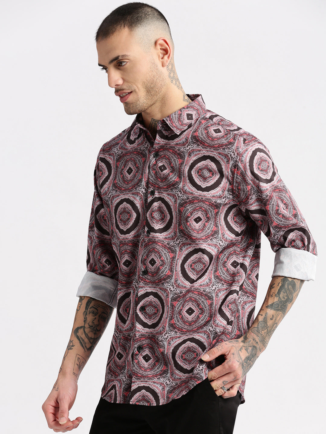 Men Spread Collar  Geometric Black Casual Shirt