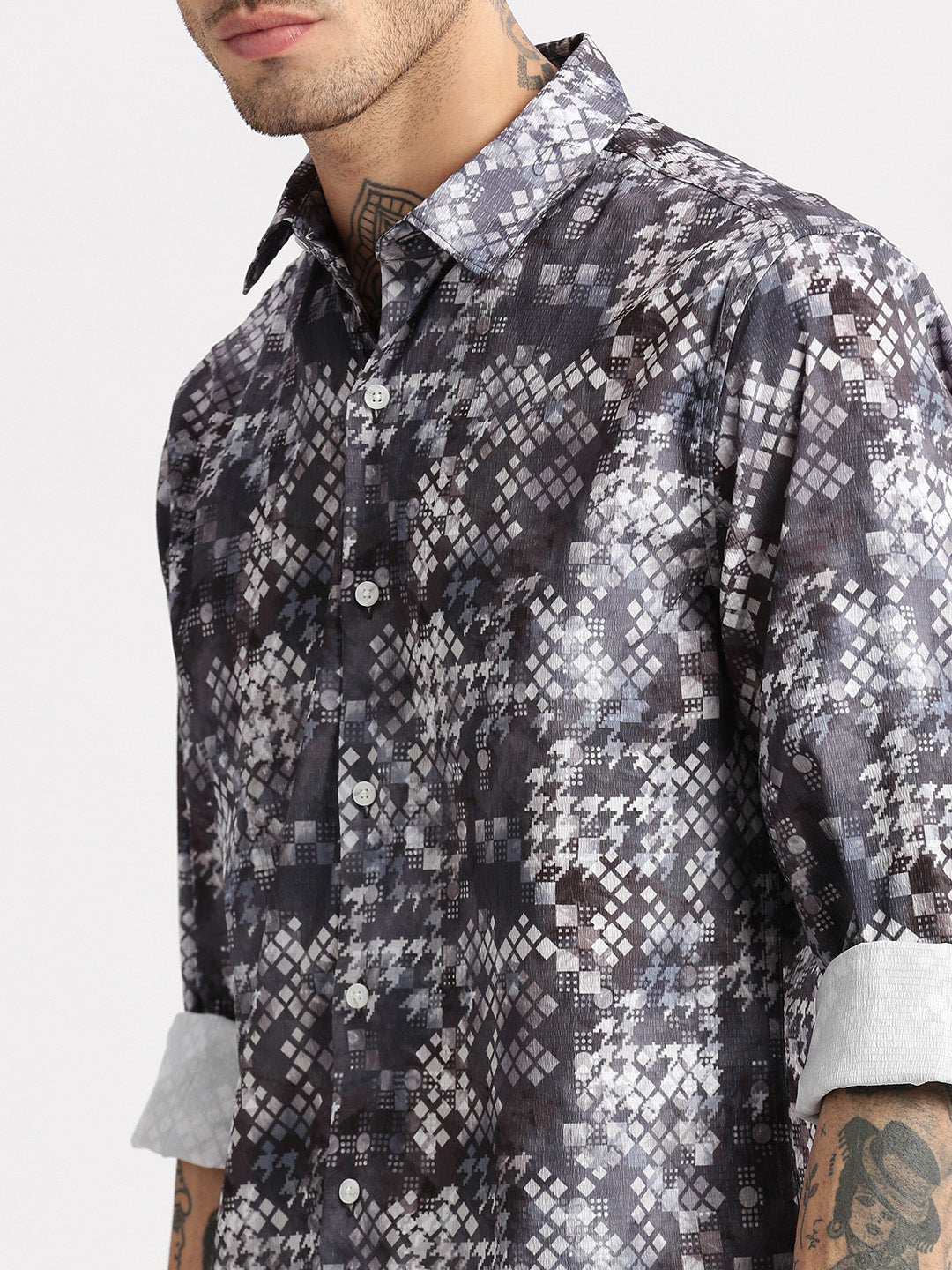 Men Spread Collar  Geometric Grey Casual Shirt
