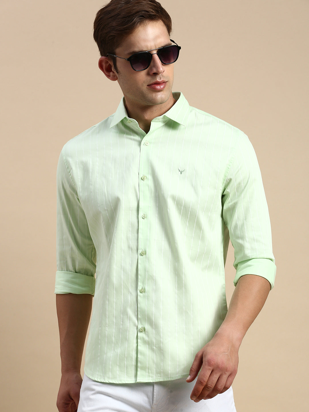Men Green Striped Casual Shirt