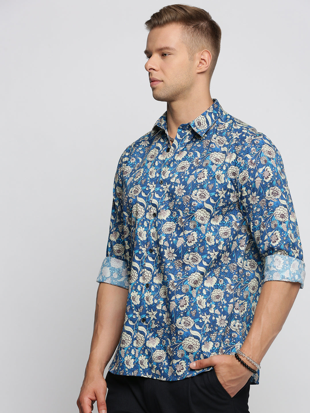 Men Blue Spread Collar Floral Shirt