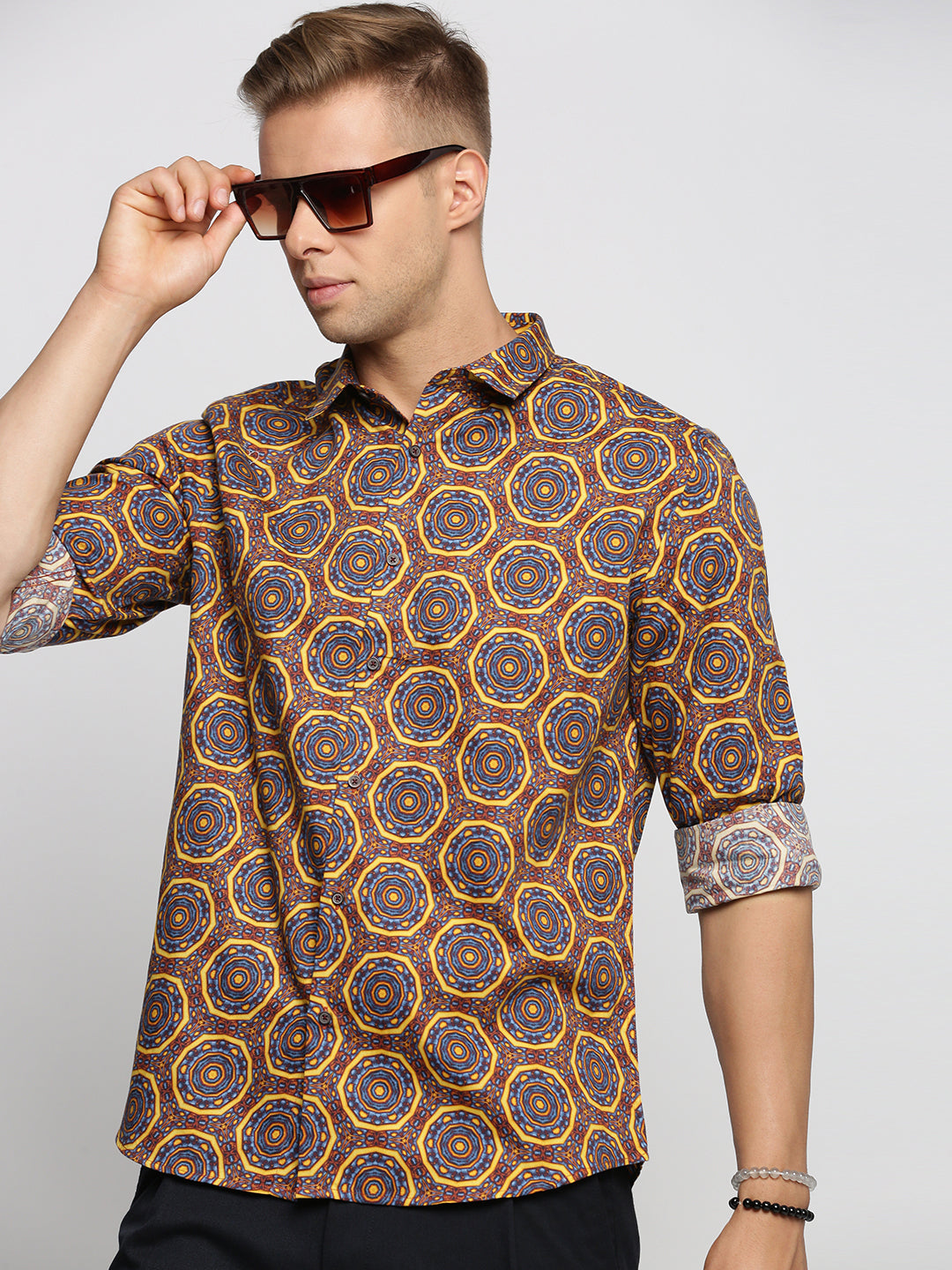 Men Brown Spread Collar Geometric Shirt