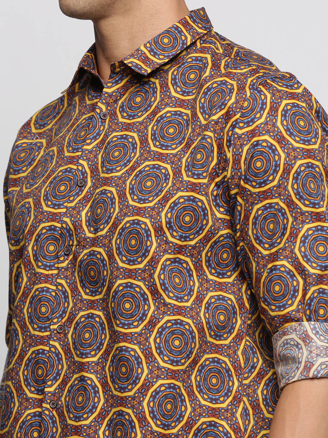 Men Brown Spread Collar Geometric Shirt