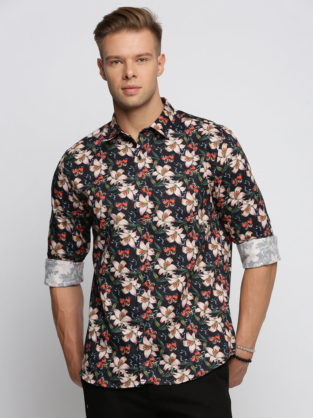 Men Black Spread Collar Floral Shirt