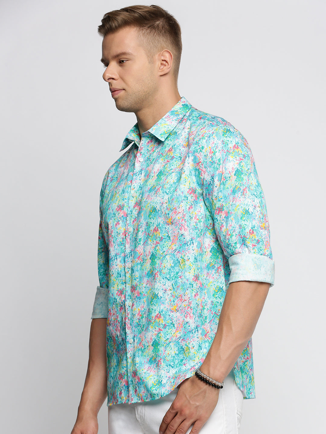 Men Turquoise Blue Spread Collar Abstract Shirt