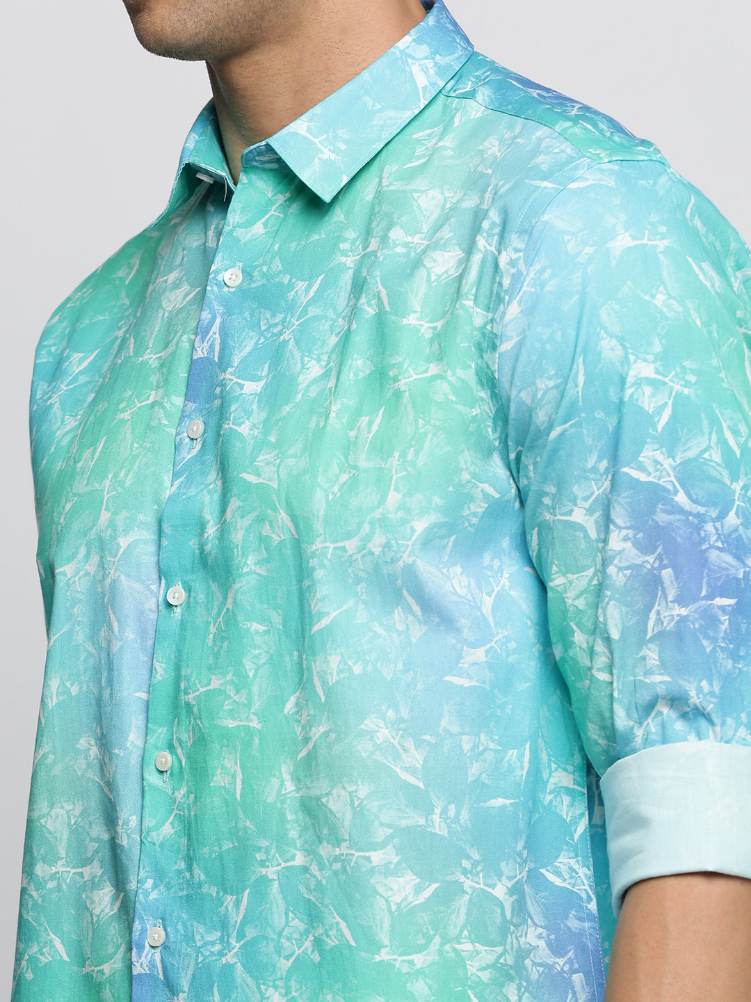 Men Turquoise Blue Spread Collar Floral Shirt