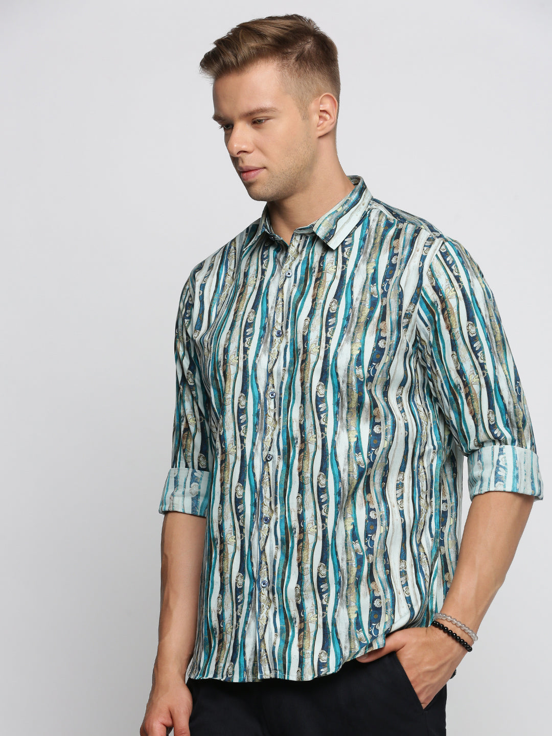 Men Blue Spread Collar Multi Stripes Shirt