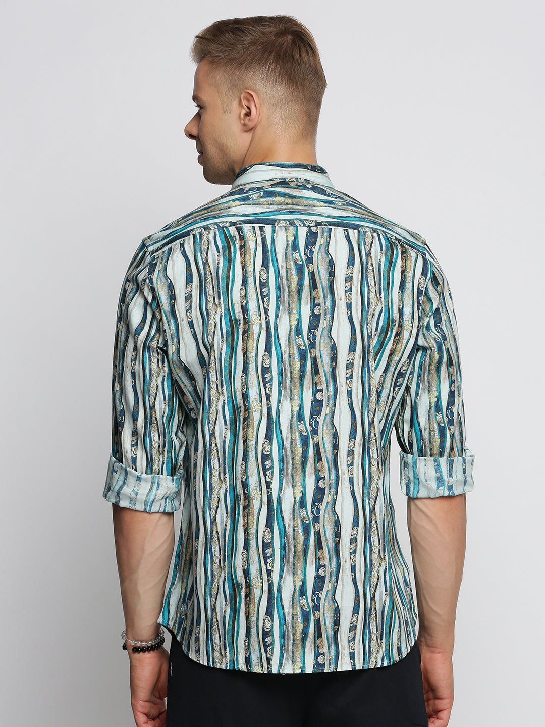 Men Blue Spread Collar Multi Stripes Shirt