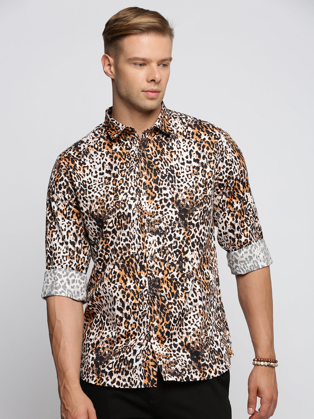 Men Black Spread Collar Animal Shirt