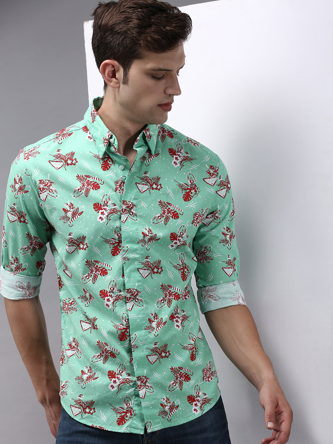 Men Green Printed Casual Shirt