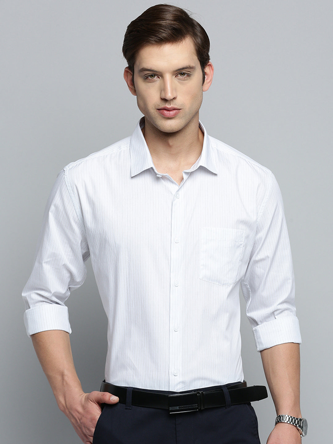 Men White Striped Formal Shirt