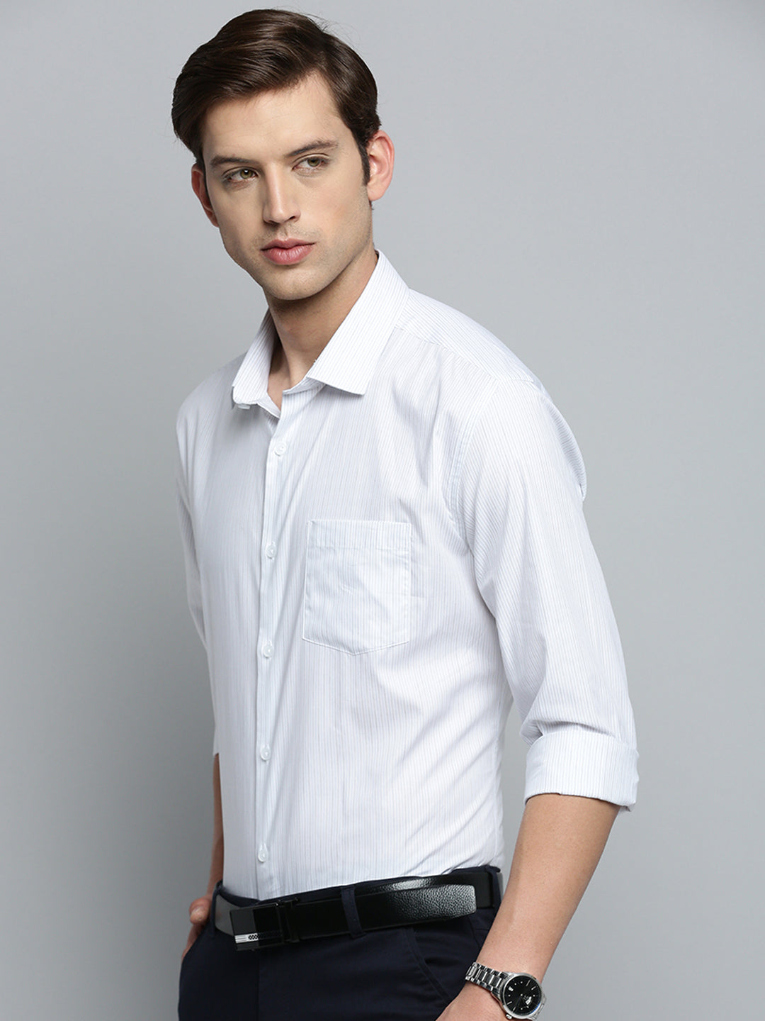 Men White Striped Formal Shirt