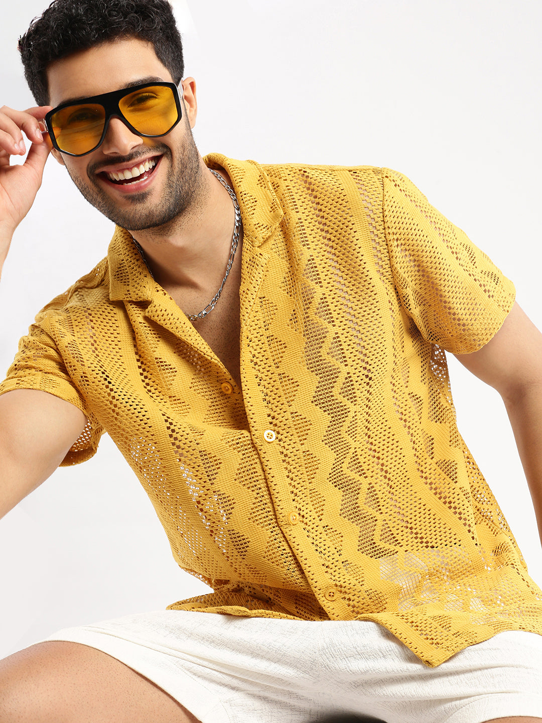 Men Mustard Cuban Collar Solid Crochet Shirt