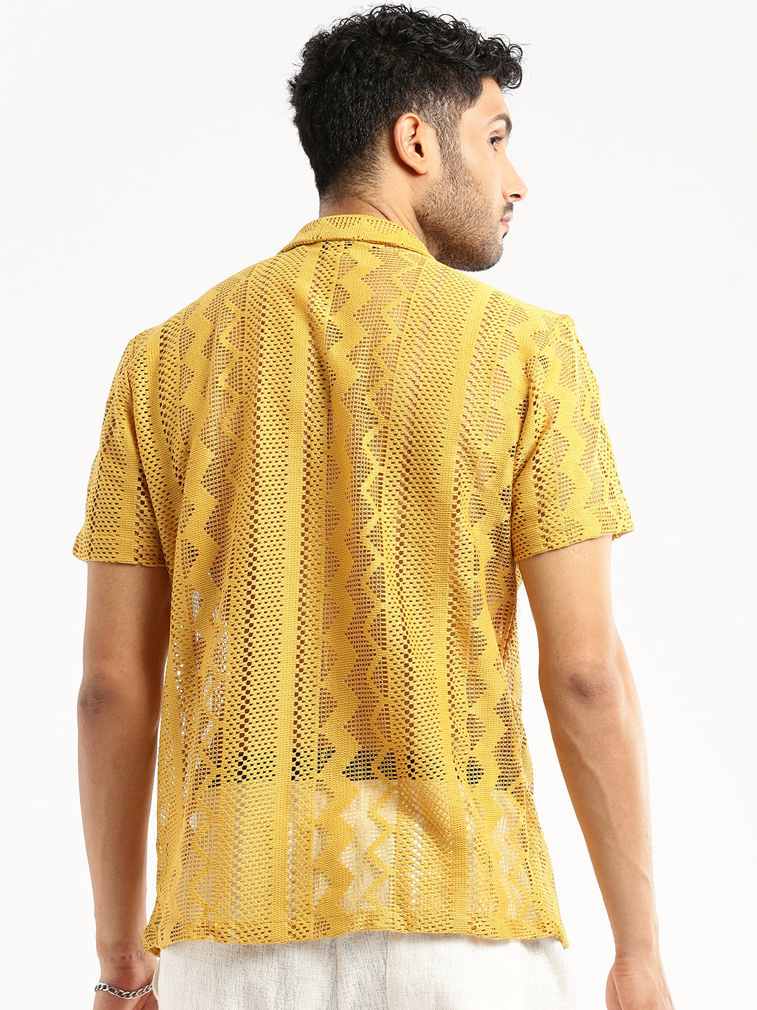 Men Mustard Cuban Collar Solid Crochet Shirt