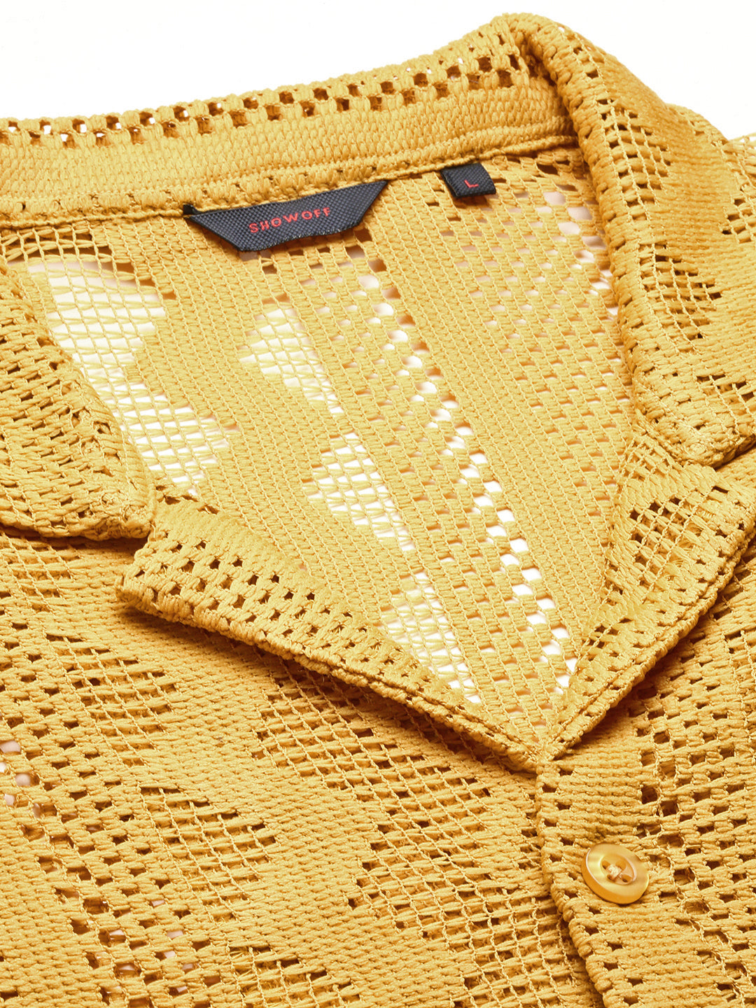 Men Mustard Cuban Collar Solid Crochet Shirt