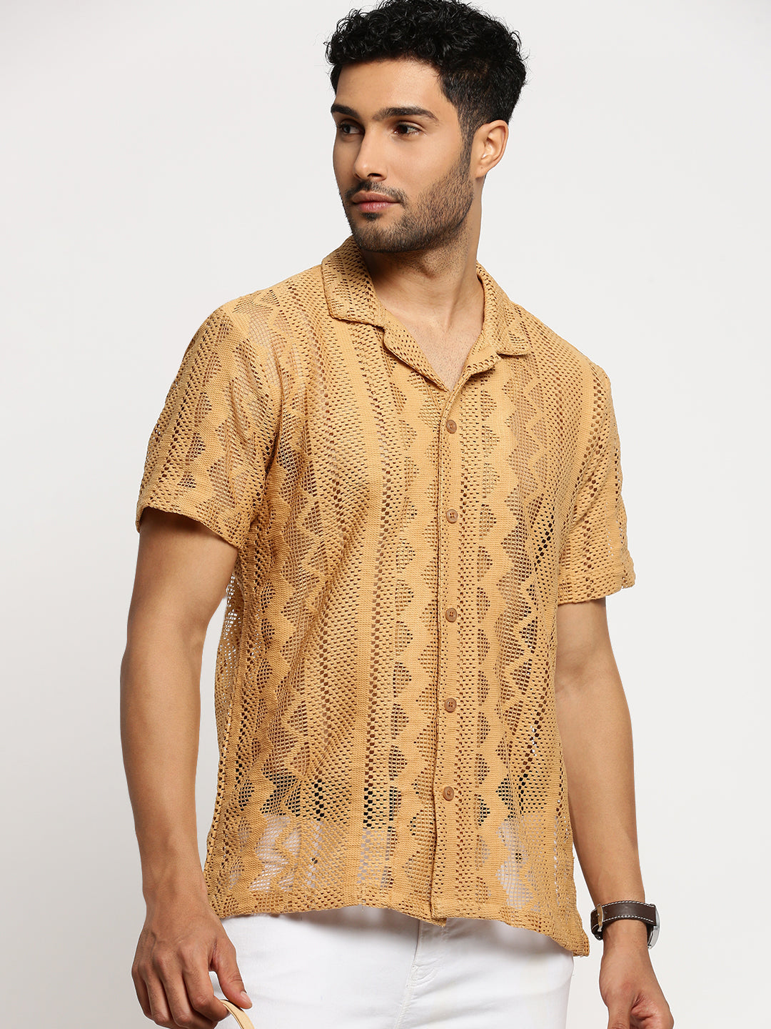 Men Beige Cuban Collar Solid Crochet Shirt