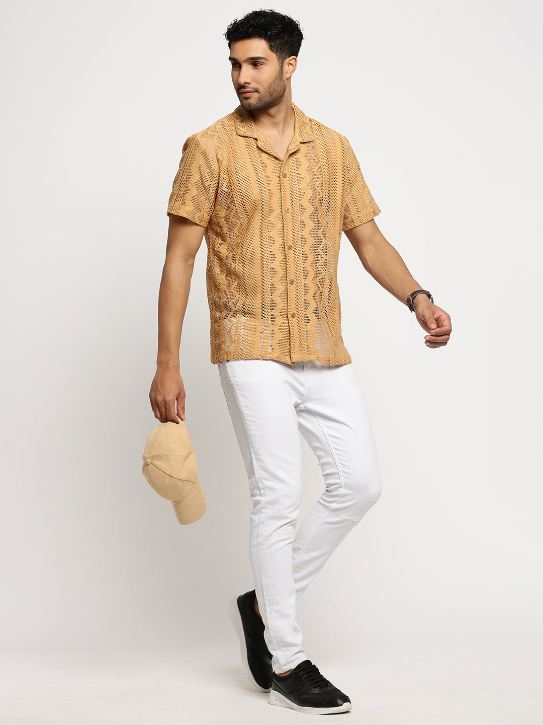 Men Beige Cuban Collar Solid Crochet Shirt