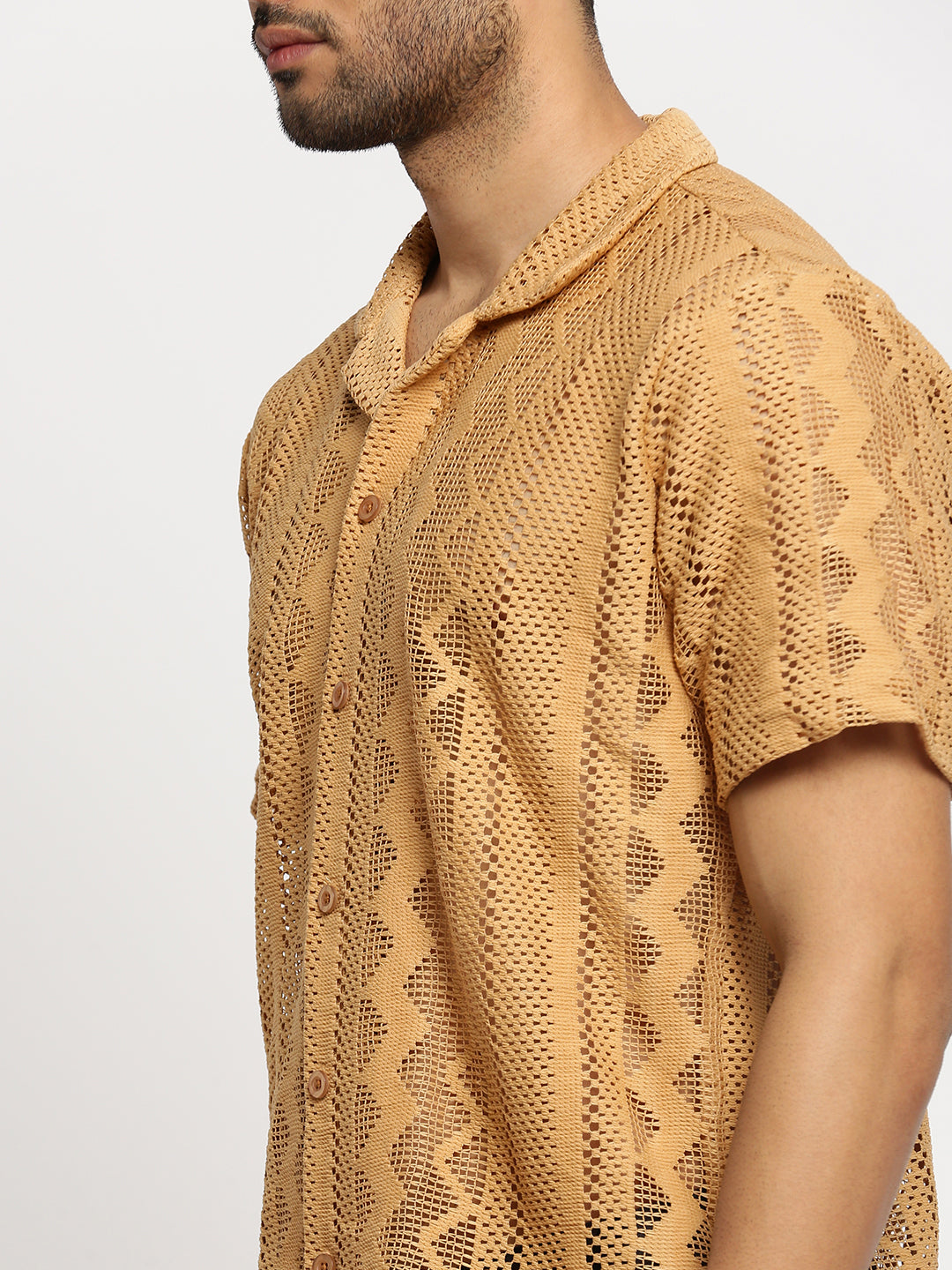 Men Beige Cuban Collar Solid Crochet Shirt