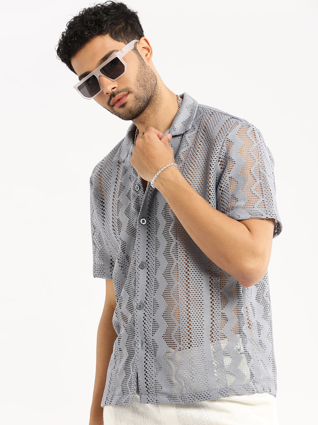 Men Grey Cuban Collar Solid Crochet Shirt