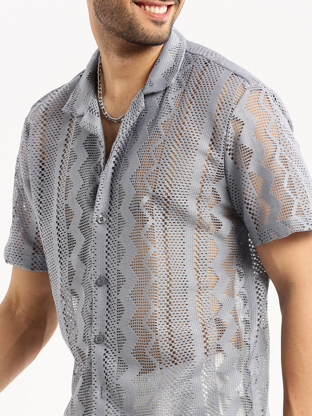 Men Grey Cuban Collar Solid Crochet Shirt