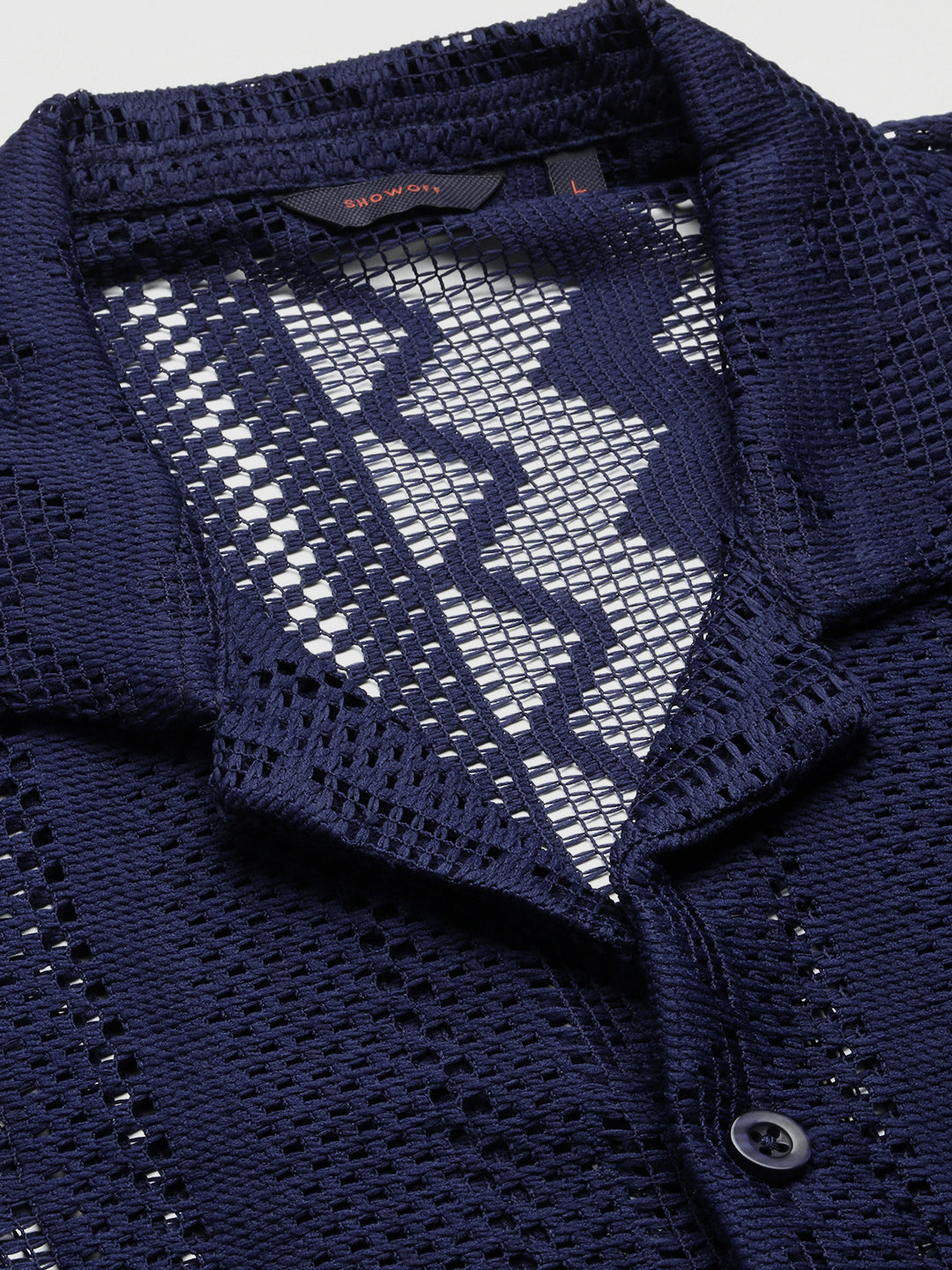 Men Navy Blue Cuban Collar Solid Crochet Shirt