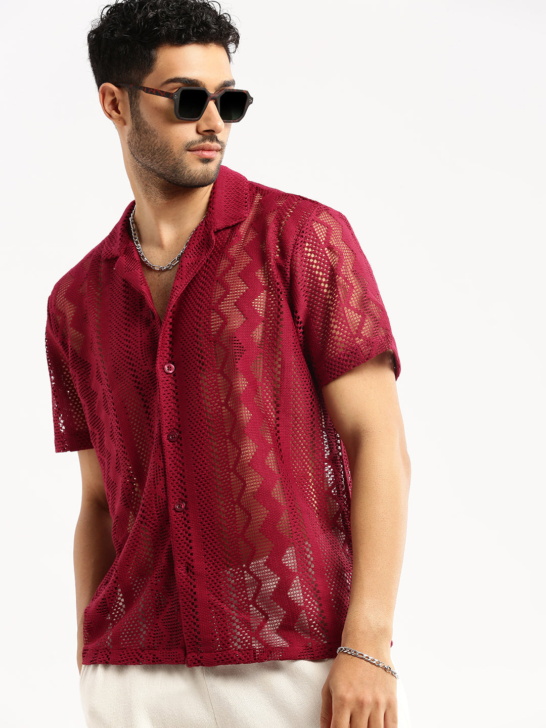 Men Maroon Cuban Collar Solid Crochet Shirt