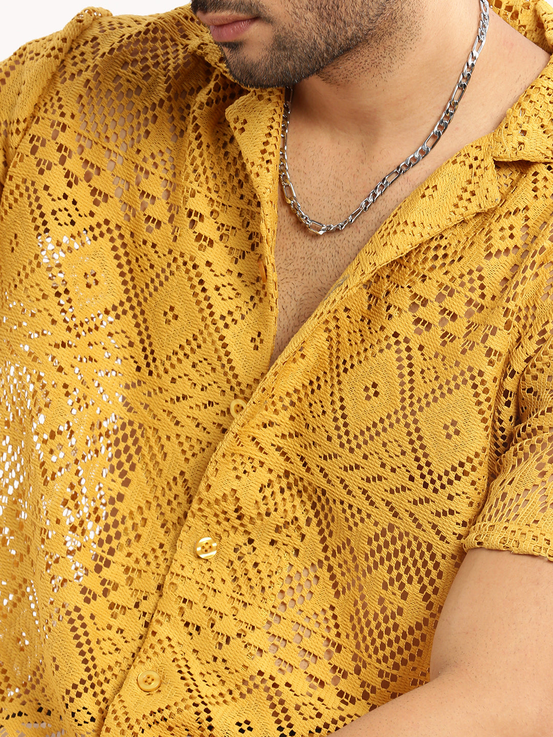 Men Mustard Cuban Collar Solid Crochet Shirt