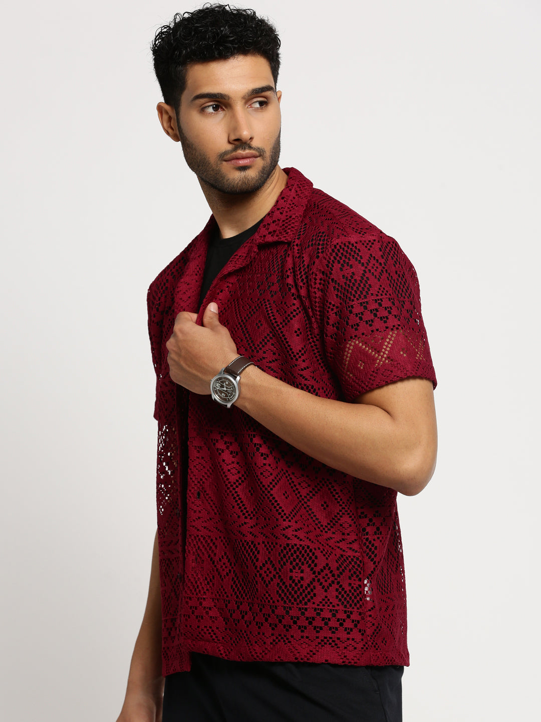 Men Maroon Cuban Collar Solid Crochet Shirt