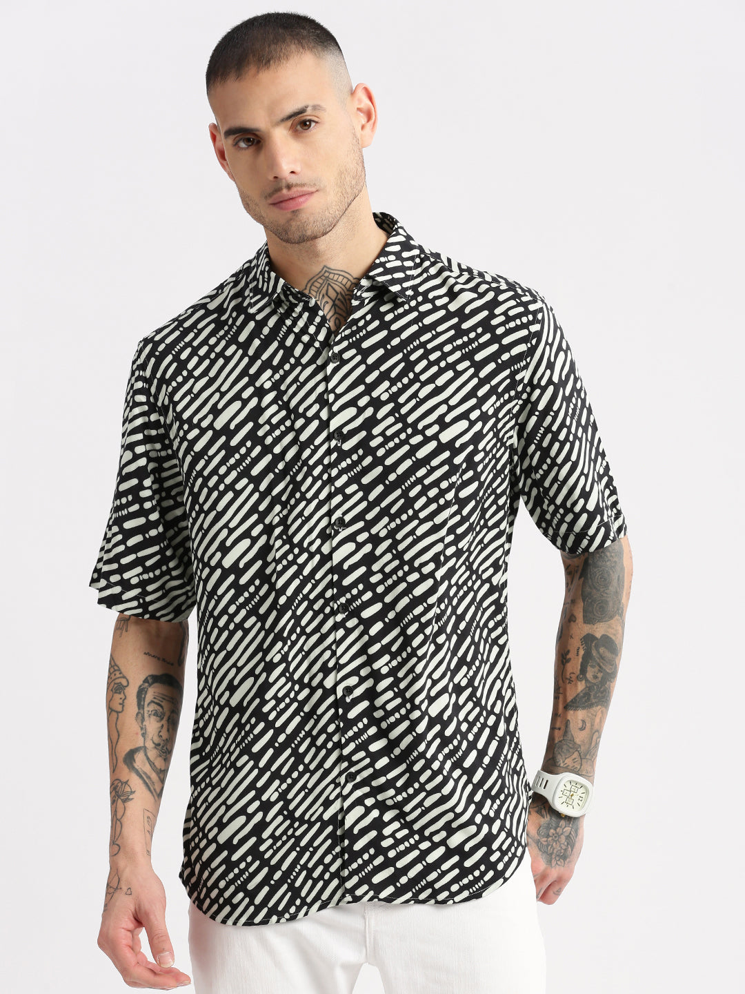 Men Spread Collar Abstract Black Casual Shirt