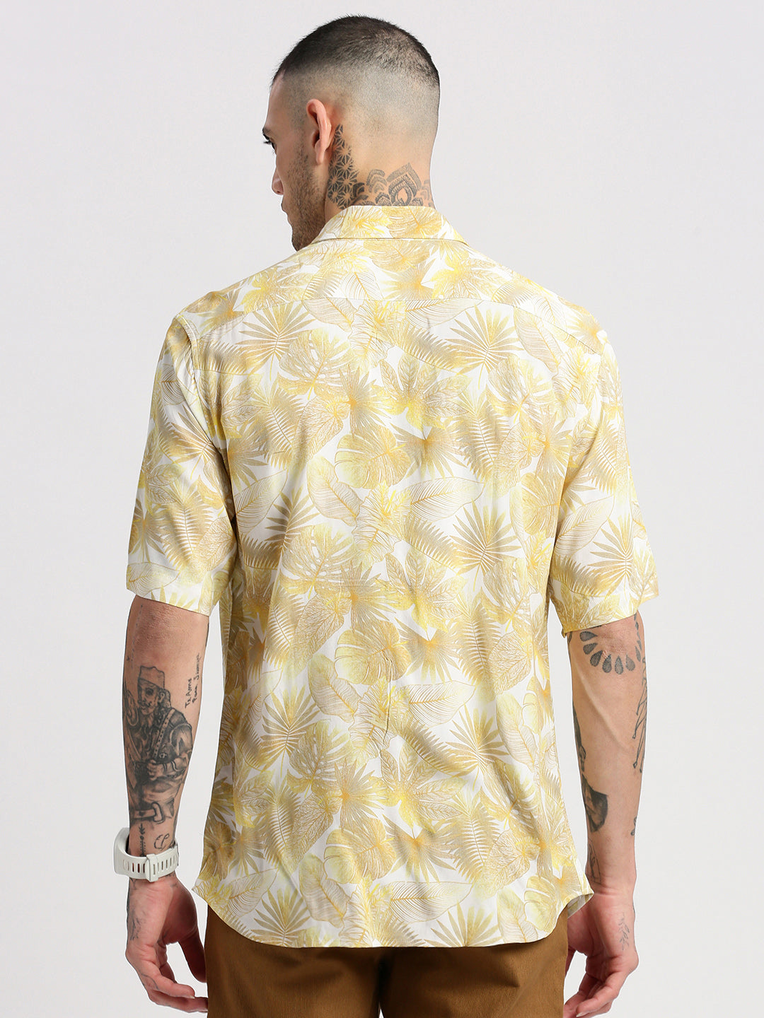 Men Spread Collar Floral Yellow Casual Shirt
