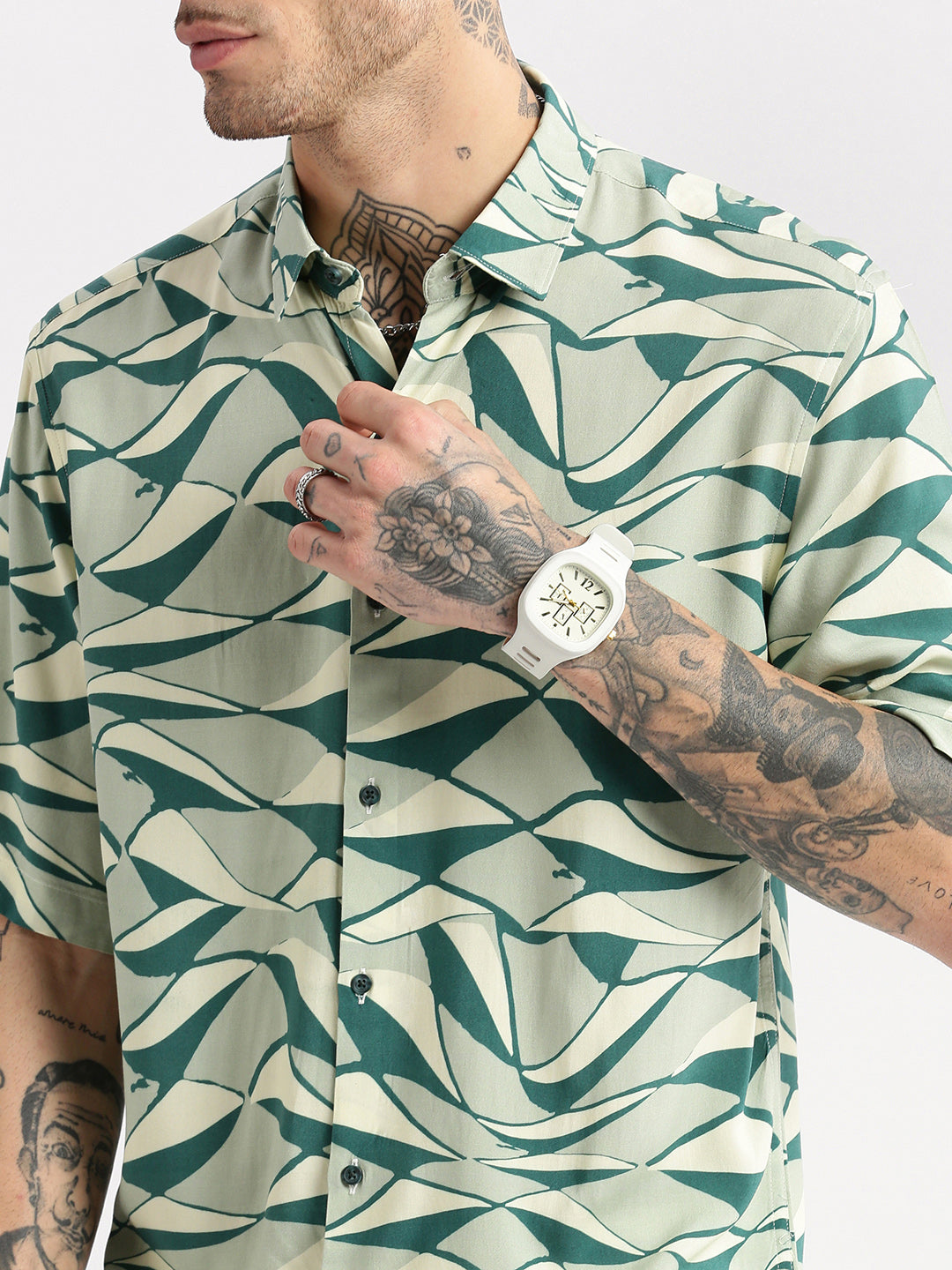 Men Spread Collar Abstract Green Casual Shirt