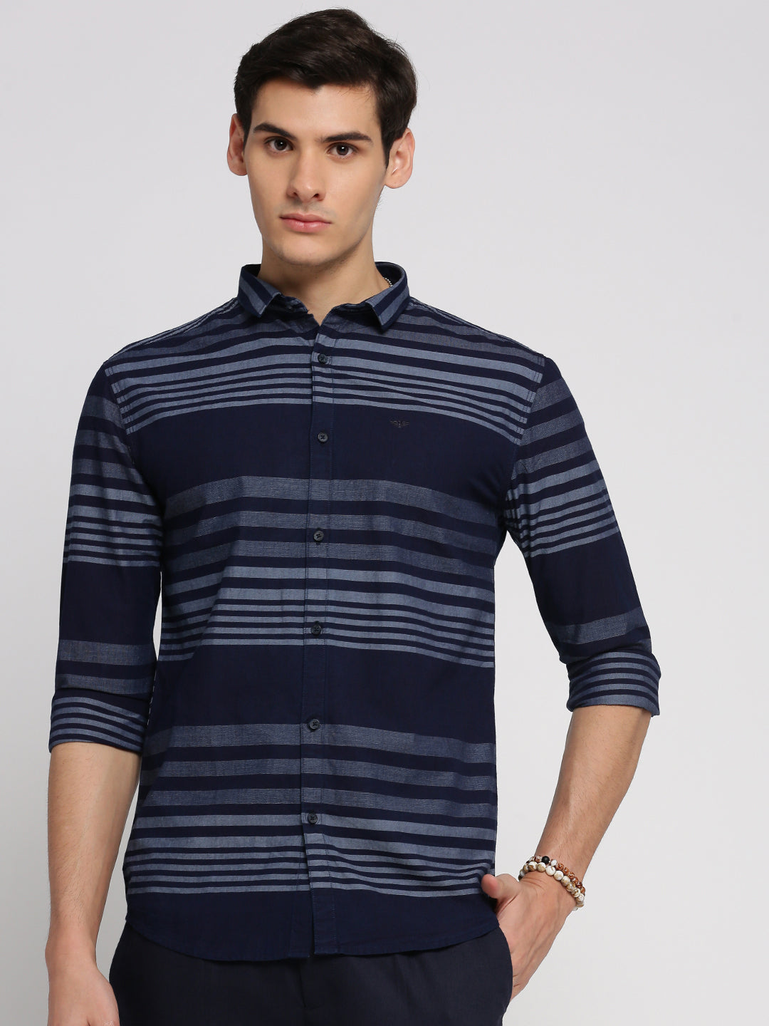 Men Navy Blue Spread Collar Horizontal Stripes Shirt