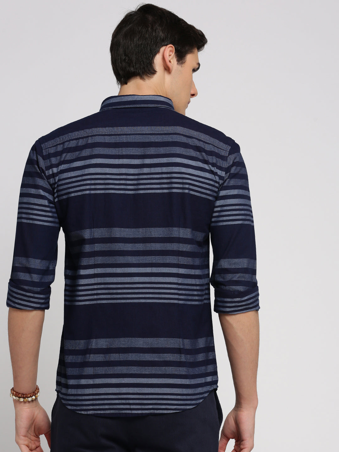 Men Navy Blue Spread Collar Horizontal Stripes Shirt