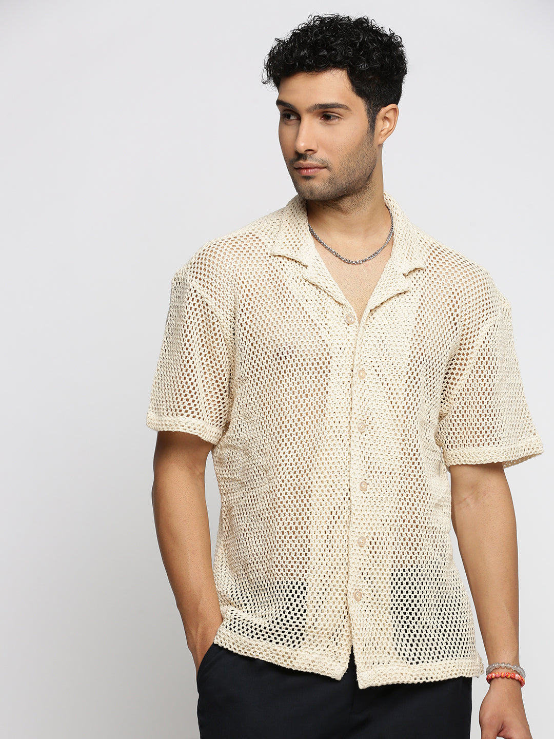 Men Cream Cuban Collar Solid Crochet Shirt