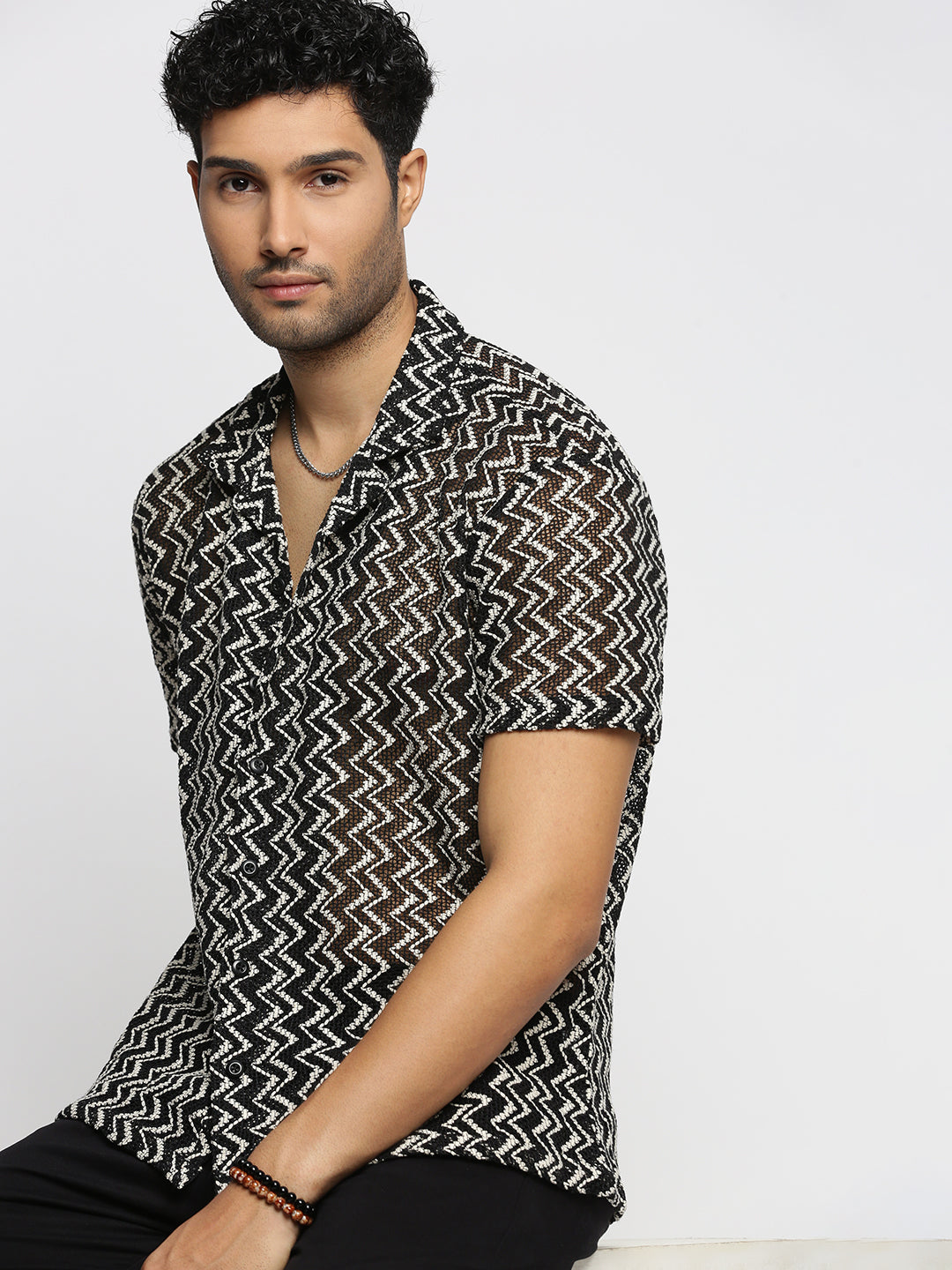 Men Black Cuban Collar Chevron Crochet Shirt