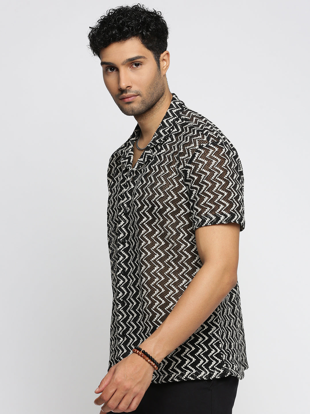 Men Black Cuban Collar Chevron Crochet Shirt