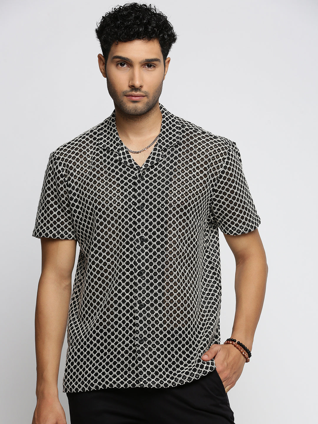 Men Black Cuban Collar Geometric Crochet Shirt