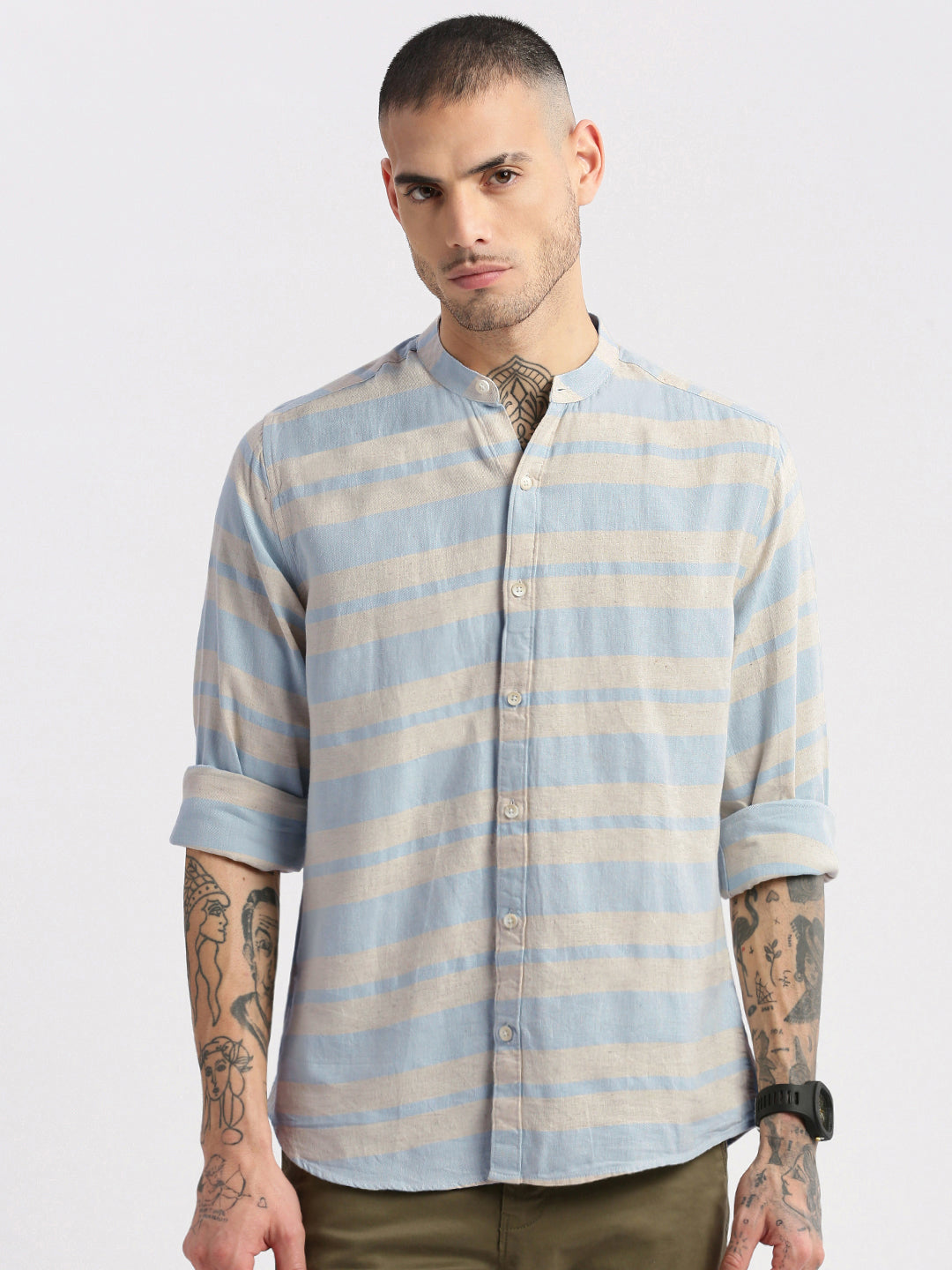Men Mandarin Collar Horizontal Stripes Beige Casual Shirt