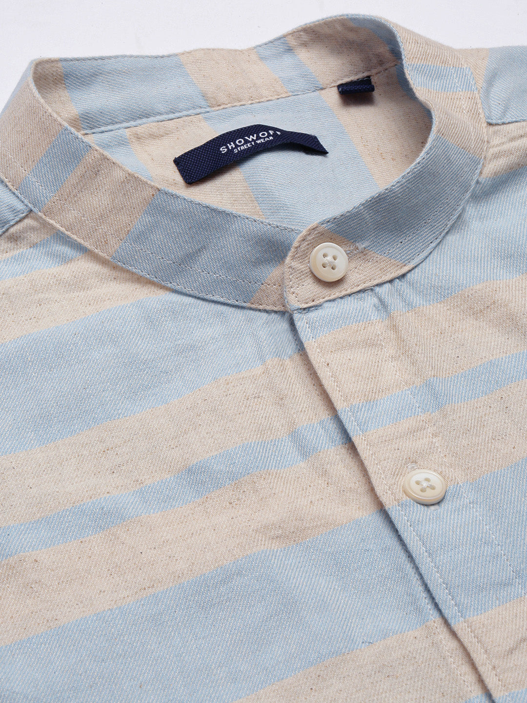 Men Mandarin Collar Horizontal Stripes Beige Casual Shirt